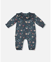 Deux par Baby Girls Printed Muslin Jumpsuit Teal With Flowers