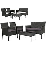 Sugift 4 Pieces Patio Rattan Cushioned Sofa Set with Tempered Glass Coffee Table-Grey & Off White