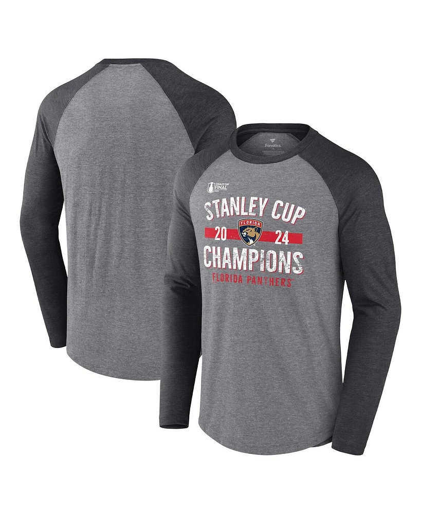 Fanatics Men's Heather Gray Florida Panthers 2024 Stanley Cup Champions Throwback Tri-Blend Raglan Long Sleeve T-Shirt