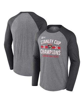 Fanatics Men's Heather Gray Florida Panthers 2024 Stanley Cup Champions Throwback Tri-Blend Raglan Long Sleeve T-Shirt