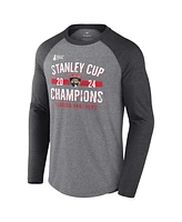 Fanatics Men's Heather Gray Florida Panthers 2024 Stanley Cup Champions Throwback Tri-Blend Raglan Long Sleeve T-Shirt