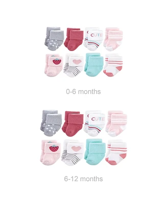 Hudson Baby Baby Girls Grow with Me Cotton Terry Socks, Strawberry 8-Pack, 0-6 and 6-12 Months