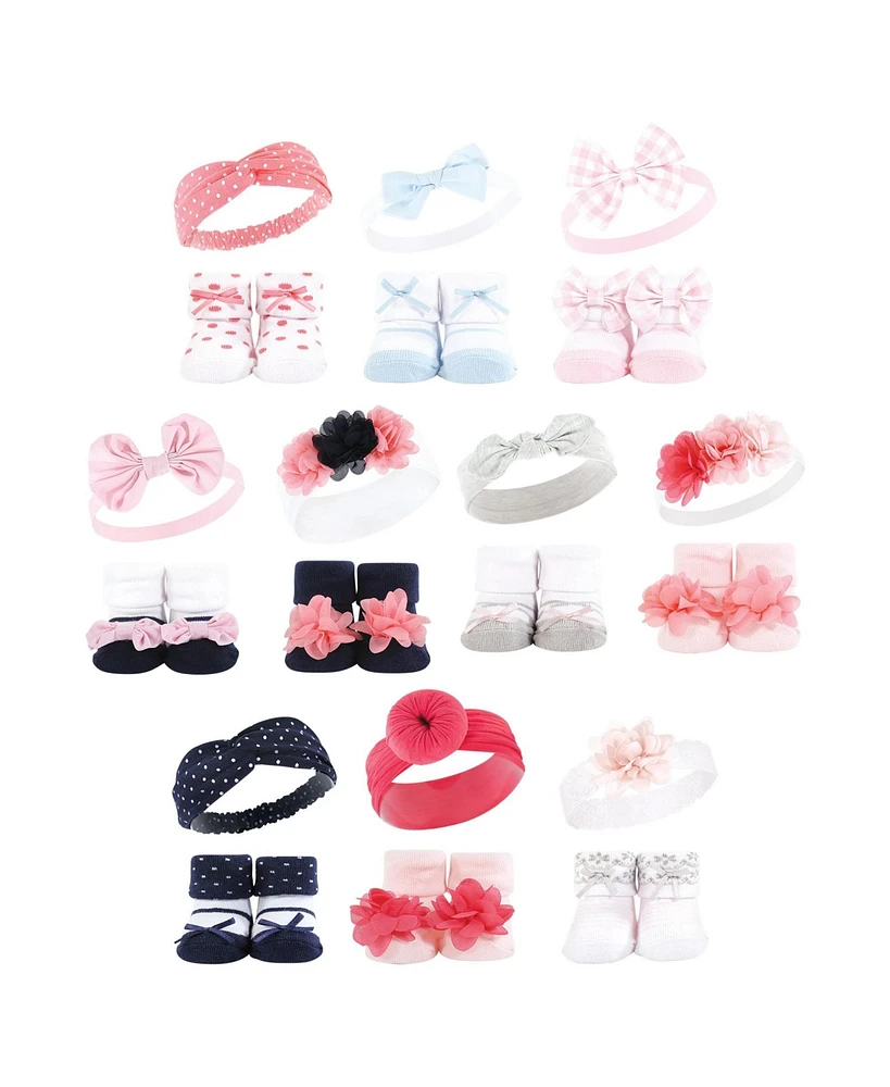 Hudson Baby Infant Girl 20Pc Headband and Socks Giftset, Pink Navy