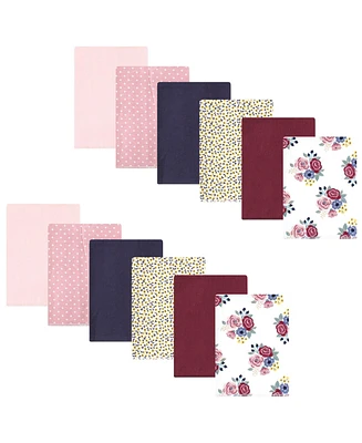 Hudson Baby Infant Girl Cotton Flannel Burp Cloths Bundle, Blush Navy Floral, One Size