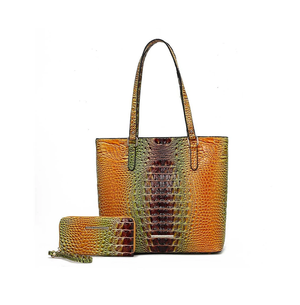 Mkf Collection Piper Gradient Rainbow Faux Crocodile-Embossed Tote Bag with Matching Wallet by Mia K