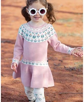 Deux par Toddler Girls Knit Dress With Round Intarsia Flowers Light Pink