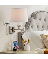 360 Lighting Vero Modern Swing Arm Wall Lamp with Usb Charging Port Brushed Nickel Plug-In Light Fixture White Drum Shade for Bedroom Bedside House Re