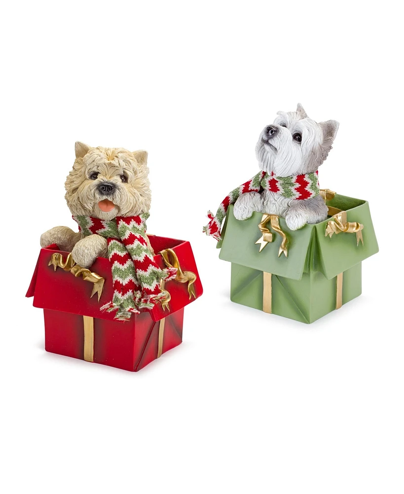 Slickblue Whimsical Terrier Dog In Present Figurine (Set of 2)