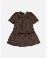 Deux par Big Girls Short Sleeve Metallic Dress With Frills Golden Brown