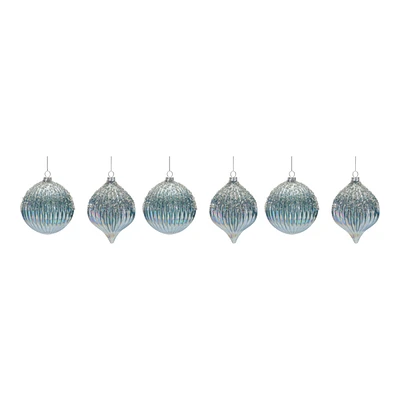 Slickblue Beaded Irredescent Wintery Blue Glass Ornament (Set of 6)