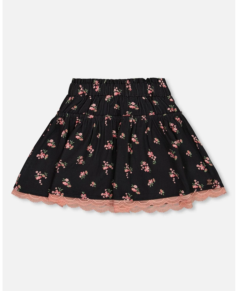 Deux par Big Girls Printed Flowers Flare Viscose Skirt Black