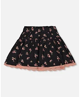 Deux par Big Girls Printed Flowers Flare Viscose Skirt Black