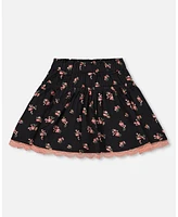 Deux par Big Girls Printed Flowers Flare Viscose Skirt Black