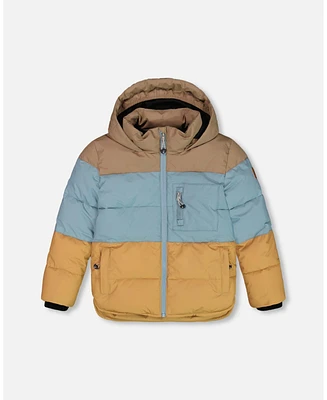 Deux par Little Boys Puffy Jacket Taupe, Blue And Golden Brown - Toddler|Child