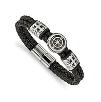 Chisel Stainless Steel Compass Black Leather Rubber Bracelet