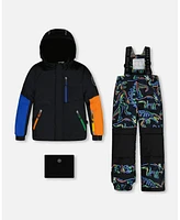 Deux par Deux Big Boys Two Piece Snowsuit Black Printed Dinos