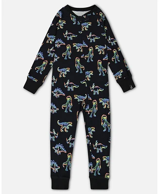 Deux par Baby Boys Organic Cotton One Piece Pajama Black Printed Neon Dino