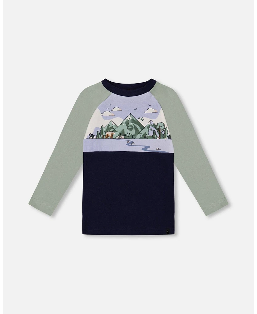 Deux par Big Boys Raglan T-Shirt With Print Sage And Navy