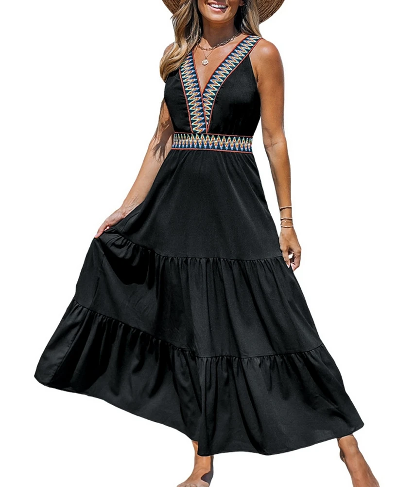 Cupshe Women's Black Boho Sleeveless V-Neck Maxi Beach Dress