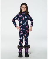 Deux par Deux Little Girls Two Piece Thermal Underwear Set Navy Printed Unicorn - Toddler|Child