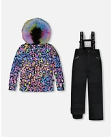 Deux par Little Girls Two Piece Snowsuit Printed Rainbow Leopard