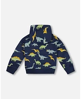 Deux par Little Boys Printed Dino Fleece Hooded Sweatshirt Navy - Toddler|Child