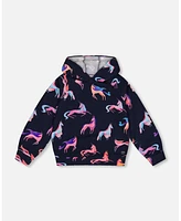 Deux par Big Girls Hooded Sweatshirt Navy Printed Unicorn