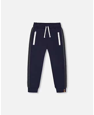 Deux par Big Boys Fleece Sweatpants With Contrast Side Rib Navy