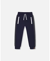 Deux par Big Boys Fleece Sweatpants With Contrast Side Rib Navy