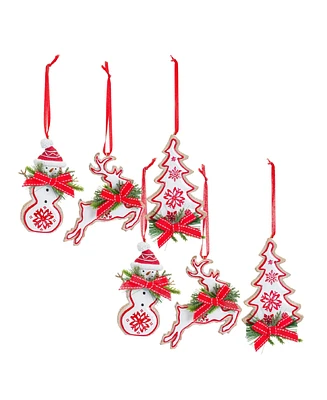 Slickblue Nordic Snowflake Character Tree Ornament With Pine Bow Accent (Set of 6)