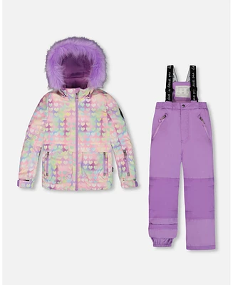 Deux par Big Girls Two Piece Snowsuit Solid Pant Lilac With Jacket Printed Hearts