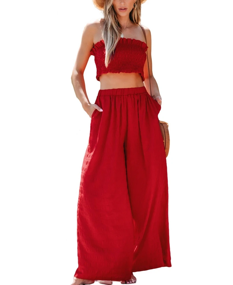 Cupshe Women's Ruby Red Smocked Tube Top & Wide Leg Pants Set