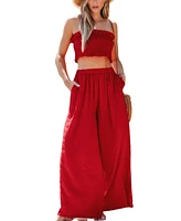 Cupshe Women's Ruby Red Smocked Tube Top & Wide Leg Pants Set