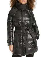 Karl Lagerfeld Womens Shine Hooded Short Belted Puffer Coat