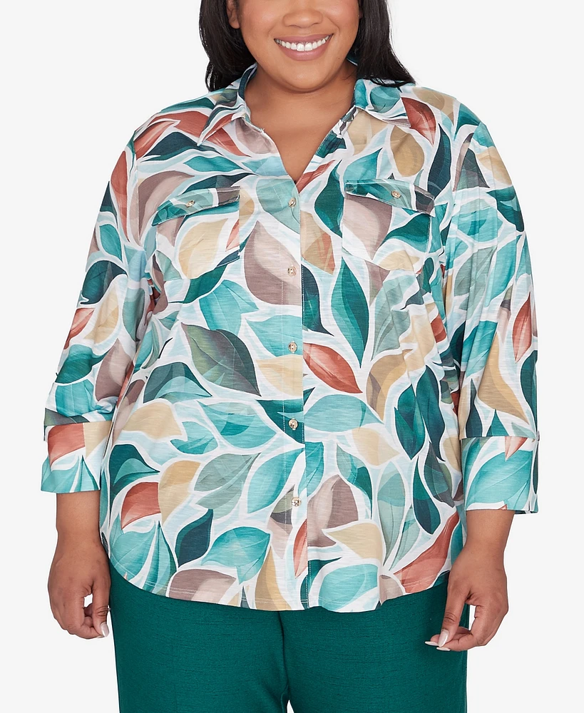 Alfred Dunner Plus Emerald Isle Women's Abstract Leaf Top Bell Sleeve Button Front