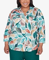 Alfred Dunner Plus Emerald Isle Women's Abstract Leaf Top Bell Sleeve Button Front