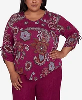 Alfred Dunner Plus Wine Country Floral Paisley Drawstring Sleeves V-Neck Top