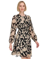 Calvin Klein Women's Printed Jewel-Neck Long-Sleeve Dress