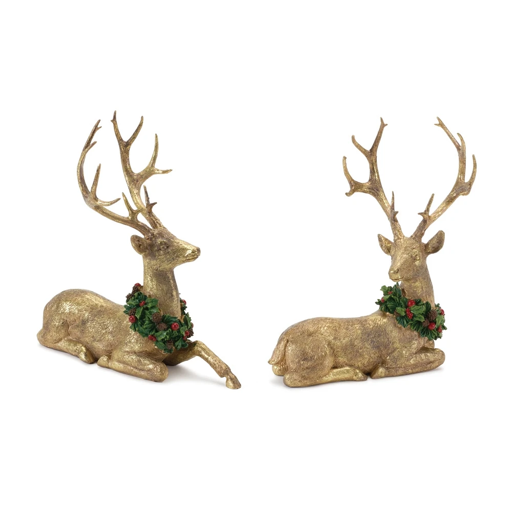 Slickblue Laying Deer Figurine With Holly Wreath (Set of 2)