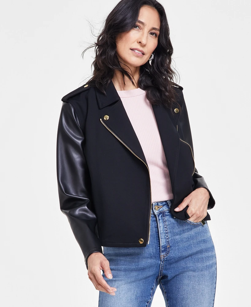 I.n.c. International Concepts Women's Mixed Media Moto Jacket, Created for Macy's