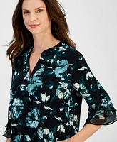 Kasper Women's Floral Print Split-Neck Bell-Sleeve Blouse