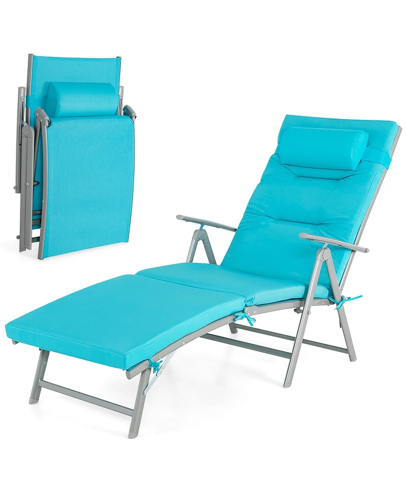 Gymax Folding Chaise Lounge Chair Recliner Cushion Pillow Adjustable Outdoor Turquoise