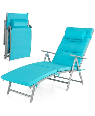 Gymax Folding Chaise Lounge Chair Recliner Cushion Pillow Adjustable Outdoor Turquoise