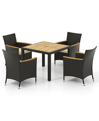 Gymax 5PCS Dining Table Set for 4 Rattan Conversation Set w/ Umbrella Hole Patio