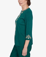 Alfred Dunner Women's Emerald Isle Center Medallion Embroidered Three Quarter Sleeve Top