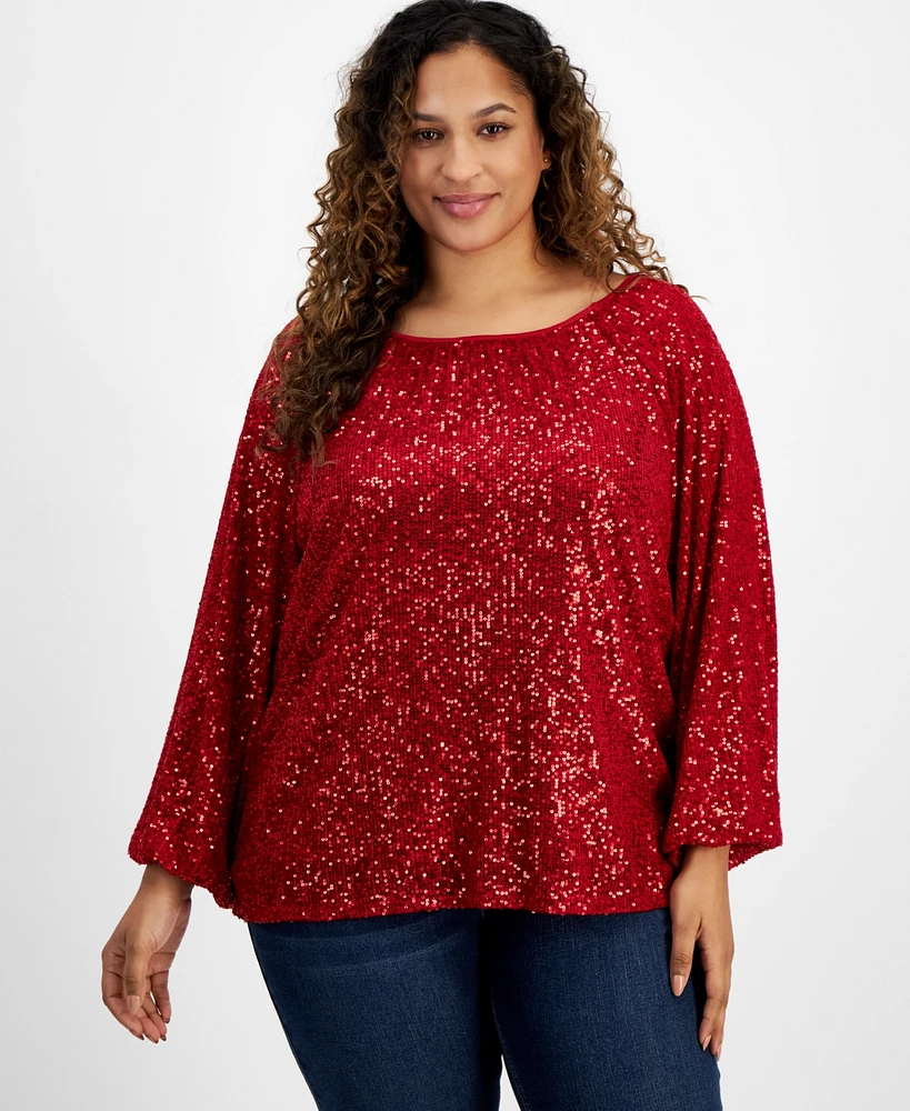 Jm Collection Plus Boat-Neck Gathered Sequin Long-Sleeve Top, Created for Macy's