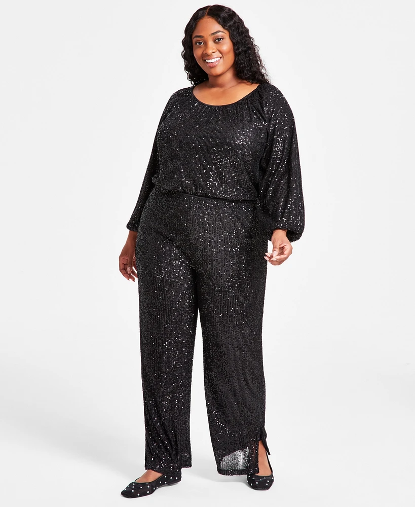 Jm Collection Plus Sequin Wide-Leg Split-Hem Pants, Created for Macy's