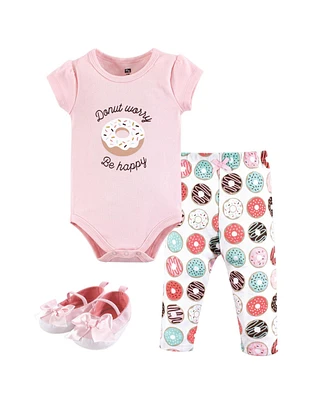 Hudson Baby Baby Girls Hudson Cotton Bodysuit, Pant and Shoe 3pc Set, Donut Worry, 6-9 Months