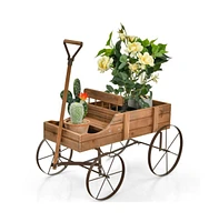 Sugift Wooden Wagon Plant Bed with Metal Wheels for Garden Yard Patio