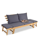 Gymax Adjustable Patio Sofa Daybed Acacia Wood Furniture w/ Cushion Pillow